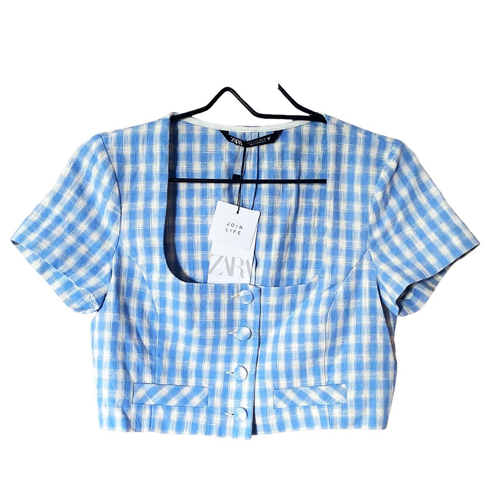 NWT Zara Blue Gingham Crop Top | Square Neck Checkered Buttoned Cropped Shirt